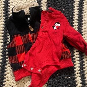 Red Penguin Knit Baby One-Piece & Buffalo Plaid Vest Set